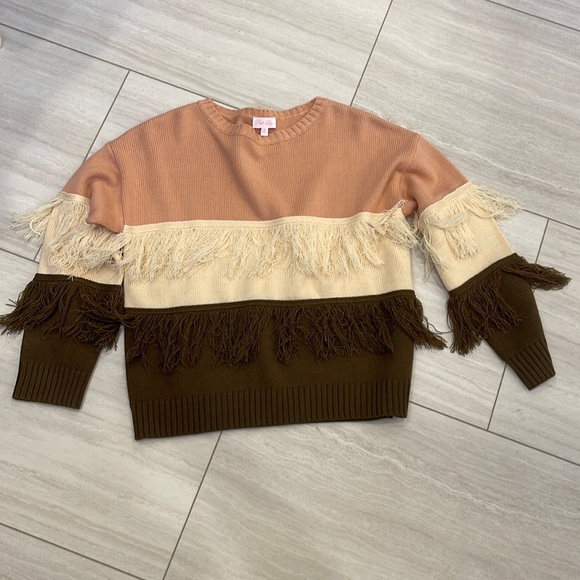Pink Lily Color Block Pink Brown Cream Tassel Cropped Sweater Size Small EUC - Picture 2 of 3
